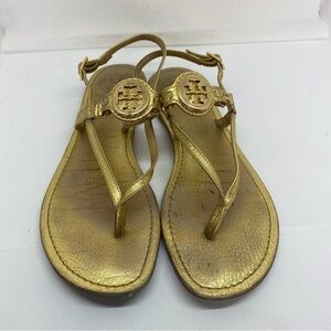 Tory Burch Ali Gold Leather Logo Thong Sandals